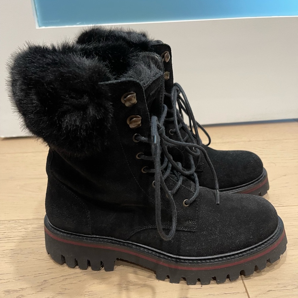 SERGIO ROSSI Faux fur-trimmed suede combat boots - NEW